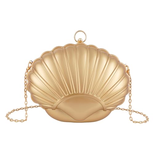 Meliyya Damen Muschel Clutch Acryl Handtasche Kette Abendtasche Hochzeit Cosplay Mermaid Schultertasche Umhängetasche, Gold von Meliyya