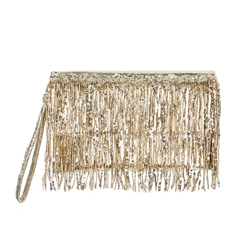 Meliyya Damen Pailletten Fransen Clutch Kupplung Umschlag Abendtasche Handschlaufe für Party Hochzeit Club Prom, Gold von Meliyya