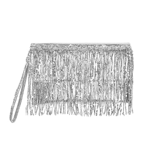 Meliyya Damen Pailletten Fransen Clutch Kupplung Umschlag Abendtasche Handschlaufe für Party Hochzeit Club Prom, Silber von Meliyya