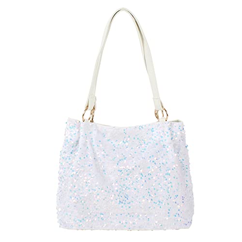 Meliyya Damen Pailletten Henkeltasche Glitzer Schultertasche Glänzende Handtasche Shopper Leder Lange Henkel für Party Uni Arbeiten 36 * 13 * 27cm, Weiß von Meliyya