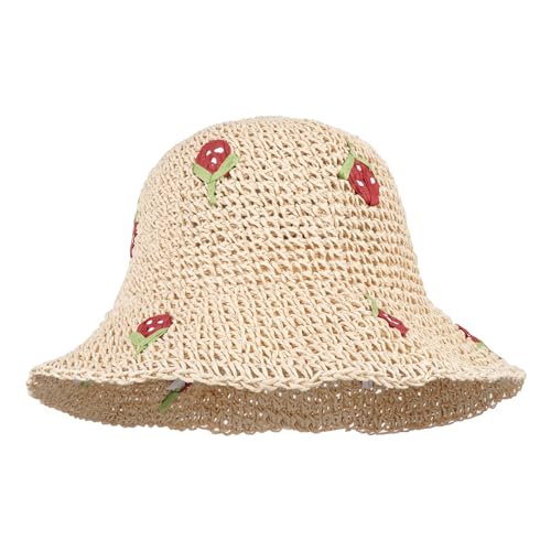 Meliyya Damen Papierstroh Sonnenhut Erdbeere Muster Strohhut Faltbarer Verstellbar Sommer Strandhut Breite Krempe Sommerhut, Beige von Meliyya