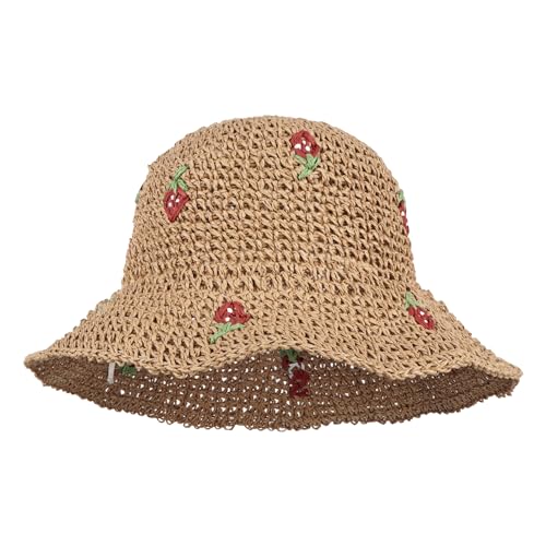 Meliyya Damen Papierstroh Sonnenhut Erdbeere Muster Strohhut Faltbarer Verstellbar Sommer Strandhut Breite Krempe Sommerhut, Khaki von Meliyya