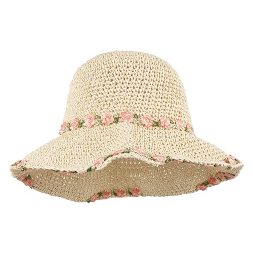 Meliyya Damen Papierstroh Sonnenhut Geblümt Strohhut Faltbarer Verstellbar Sommer Strandhut Breite Krempe Sommerhut, Beige von Meliyya