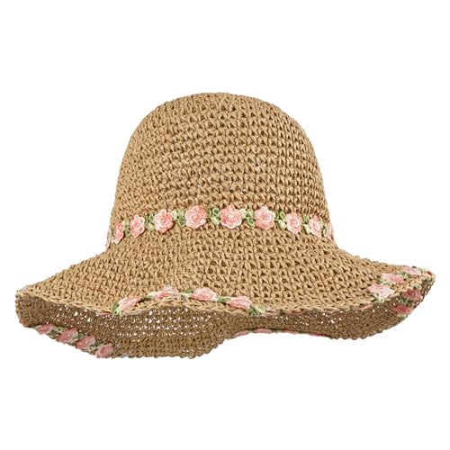 Meliyya Damen Papierstroh Sonnenhut Geblümt Strohhut Faltbarer Verstellbar Sommer Strandhut Breite Krempe Sommerhut, Khaki von Meliyya
