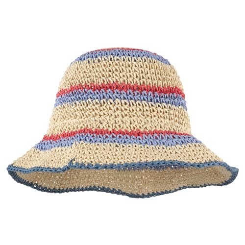 Meliyya Damen Papierstroh Sonnenhut Gestreift Strohhut Faltbarer Verstellbar Sommer Strandhut Breite Krempe Sommerhut, Beige von Meliyya