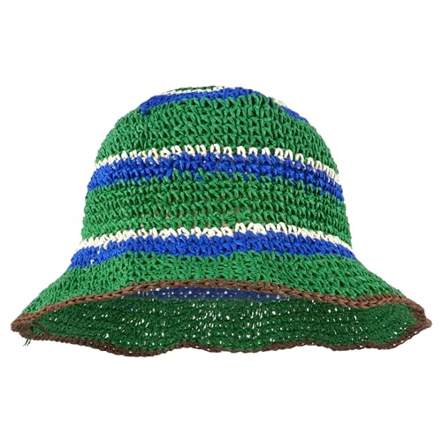 Meliyya Damen Papierstroh Sonnenhut Gestreift Strohhut Faltbarer Verstellbar Sommer Strandhut Breite Krempe Sommerhut, Grün von Meliyya