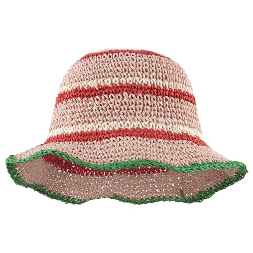 Meliyya Damen Papierstroh Sonnenhut Gestreift Strohhut Faltbarer Verstellbar Sommer Strandhut Breite Krempe Sommerhut, Rosa von Meliyya