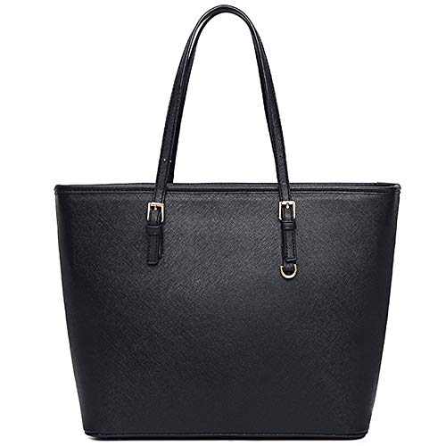 Meliyya Damen Schultertasche Leder Shopper Klassische Handtasche Elegante Henkeltasche Große Damen Tasche Top Griff School Tote Bag für Büro Schule Einkauf Schwarz mit Reißverschluss von Meliyya