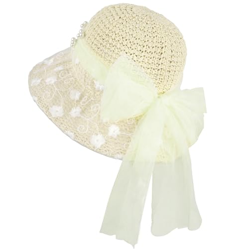 Meliyya Damen Spitzen Strohhut Faltbarer Verstellbar Sommer Stroh Sonnenhut Blumen Schleife Strandhut Breite Krempe Sommerhut, Beige von Meliyya