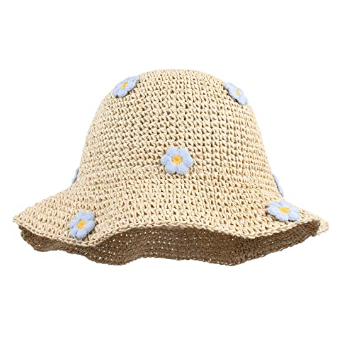 Meliyya Damen Strohhut Faltbarer Verstellbar Sommer Stroh Sonnenhut Blumen Strandhut Breite Krempe Sommerhut, Beige von Meliyya