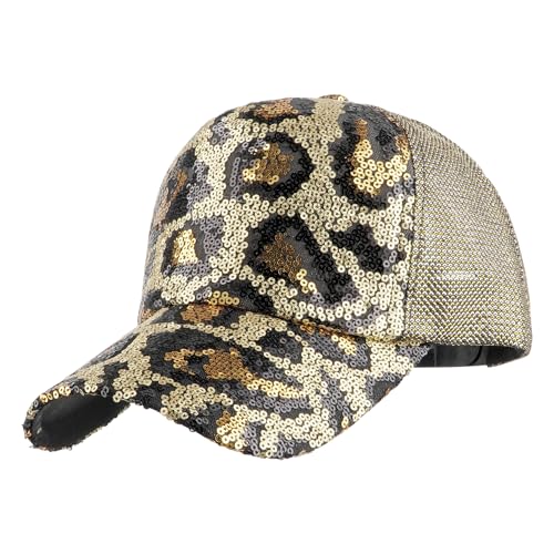 Meliyya Mesh Baseball Cap Baseballkappe Sommer Pailletten Schildkappe Leopardenmuster Herren Damen Einheitsgröße Verstellbar, Leopardenmuster Gold von Meliyya