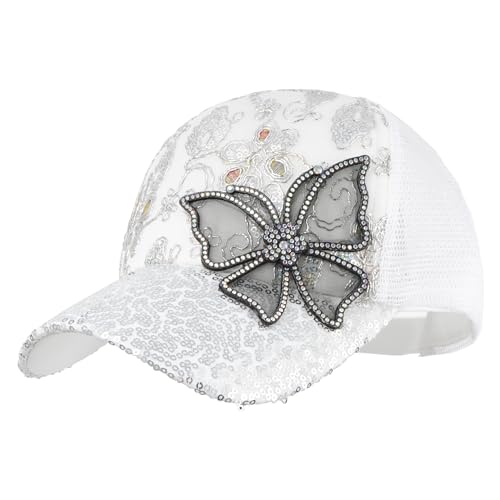 Meliyya Mesh Baseball Cap Strass Schmetterling Baseballkappe Sommer Pailletten Schildkappe Herren Damen Einheitsgröße Verstellbar, Weiß von Meliyya