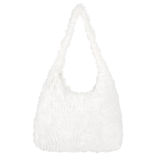Meliyya Plüsch Handtasche Damen 3D Blumen Flauschige Tote Bag Schultertasche Große Blüte Shopper Uni Arbeit Mädchen Schule, Weiß von Meliyya
