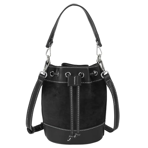 Meliyya Wildleder Beuteltasche Kleine Retro Umhängetasche Crossbody Schultertasche Handtasche mit Henkel Kordelzug 15 * 11,5 * 19cm, Schwarz von Meliyya