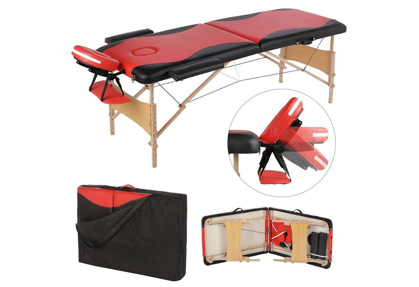 Melko Massageliege Mobile Massageliege Massagebank 2 Zonen Ergonomische inkl. Tasche Kopfstütze Weiß Rot Beige Kosmetikliege Tragbar Holzfüßen Höhenverstellbaren Massagebett (Stück), flexibel Einstellbar von Melko