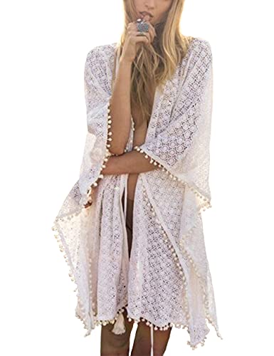 Mellassu Damen Kimono Cardigan Kleid Bikini Cover Up Lange Strand Blusen, Transparentweiß, Einheitsgröße/M von Mellassu