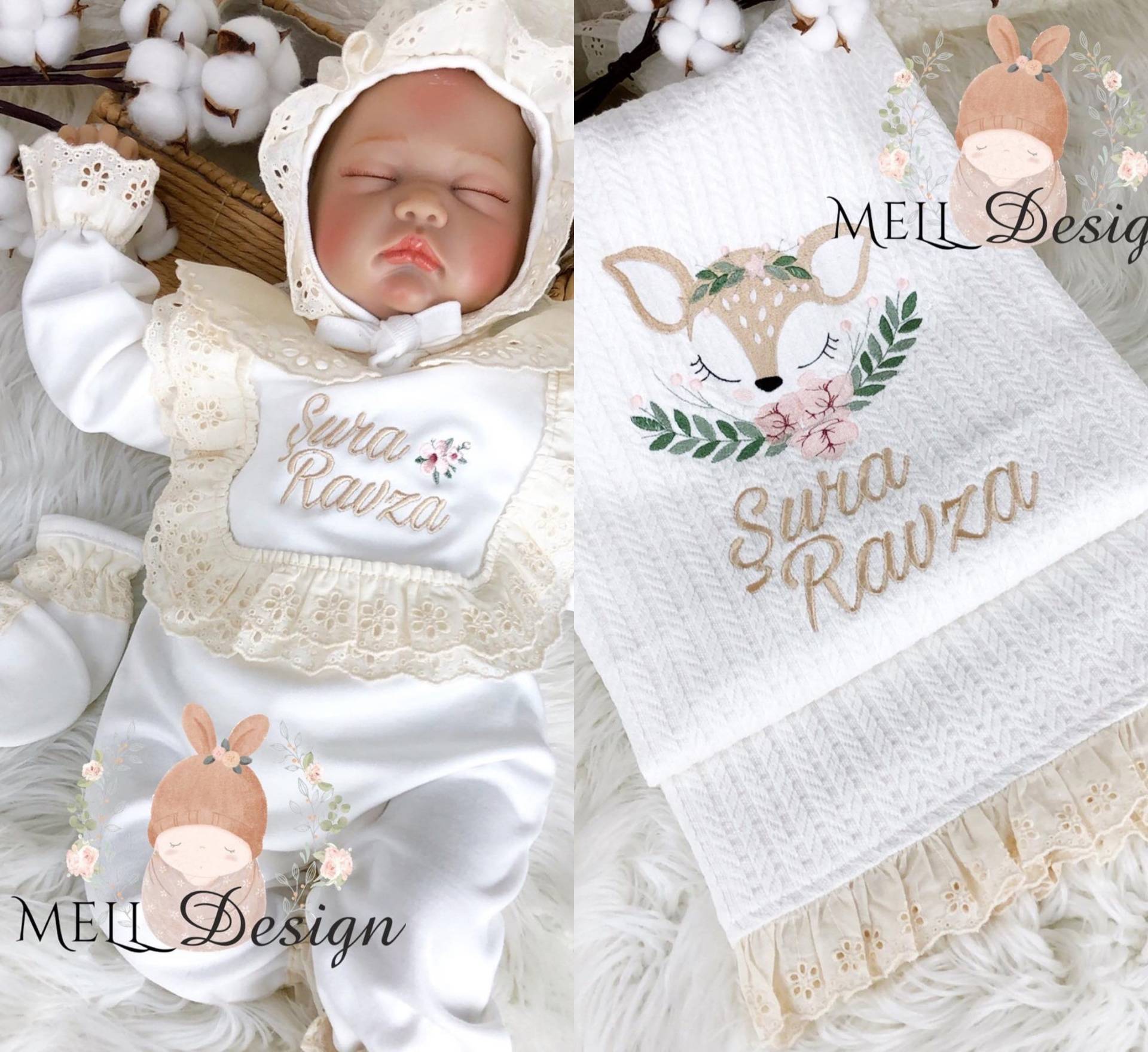 Personalisiertes Neues Baby-Mädchen-Vintage-Set, Baby-Mädchen-Kleidung, Personalisiertes Baby-Geschenk, Vintage-Set Baby-strampler | Hut Decke von MelldesignBoutique