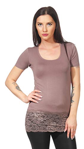 Mellice - Damen Kurzarm Longshirt Longtop Spitze (36-38, Cappuccino) von Mellice