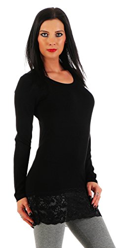 Mellice - Damen Longshirt Langarm Shirt Tunika mit Spitze (L, Schwarz) von Mellice