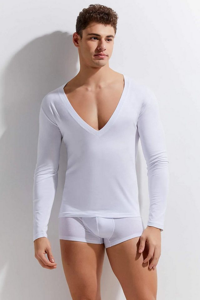 Mellice Langarmshirt Herren Deep V-Neck Shirt Baumwollqualität von Mellice