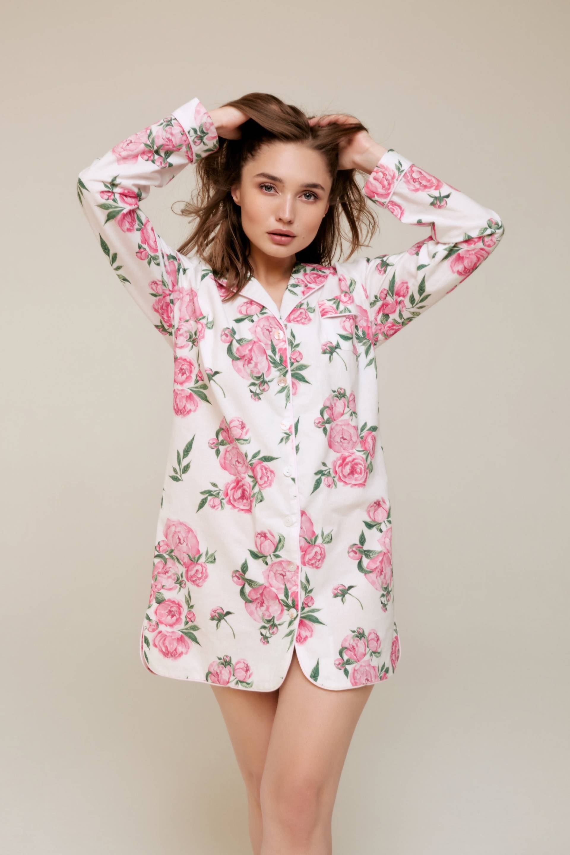 Frauen 100% Bio-Baumwolle Nachthemd Pyjama Off-White Graphite Print Weiche Haut-Freundliches Handgemachtes Geschenk Für Sie von Mellmony