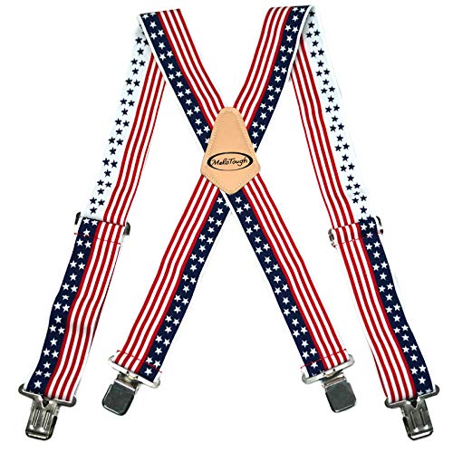 Hosenträger mit amerikanischer Flagge, X-Rücken, 5,1 cm breit, verstellbare und elastische Hosenträger in X-Form mit sehr starken Clips – strapazierfähig Hosenträger mit amerikanischer Flagge, X-Rücken, 5,1 cm breit, verstellbare und elastische Hosenträger in X-Form mit sehr starken Clips – strapazierfähig von Melo Work Gear