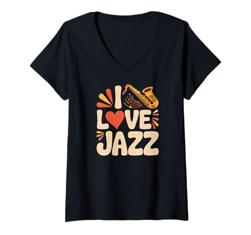 Damen I Love Jazz Herz Saxophon Musik T-Shirt mit V-Ausschnitt Damen I Love Jazz Herz Saxophon Musik T-Shirt mit V-Ausschnitt von Melodic Soulful Rhythms Jazz Vibes