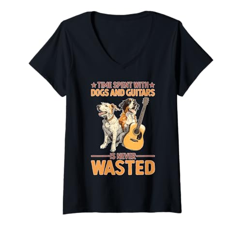 Damen Time Spent with Dogs and Guitars is Never Wasted T-Shirt mit V-Ausschnitt Damen Time Spent with Dogs and Guitars is Never Wasted T-Shirt mit V-Ausschnitt von Melodische Pfoten Hundemusik