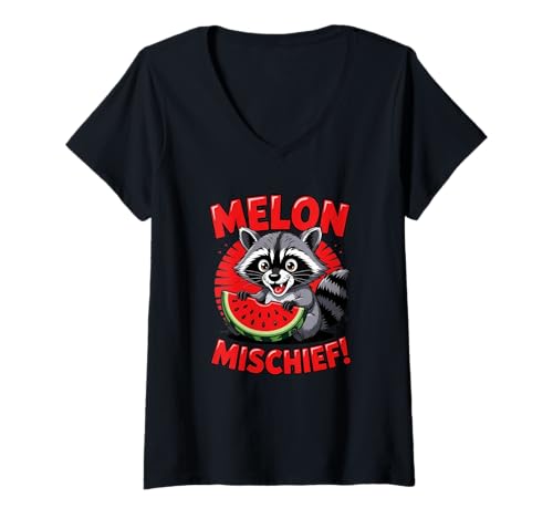 Damen Melonen Unfie T-Shirt mit V-Ausschnitt Damen Melonen Unfie T-Shirt mit V-Ausschnitt von Melonen Unheil lustiger Waschbär Wassermelonen