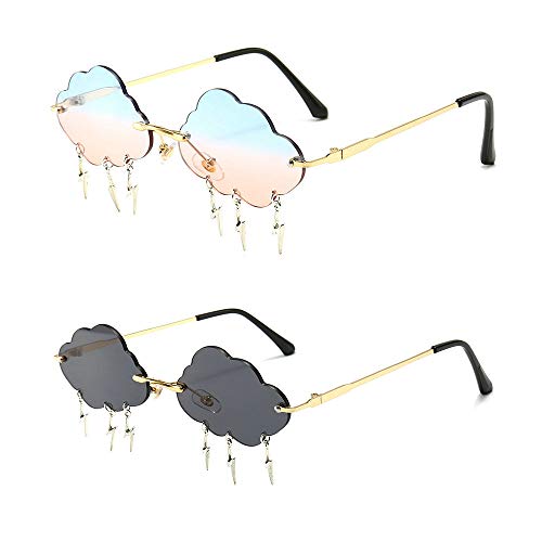 Melrose 2 Paar randlose süße Sonnenbrille Frauen Trendy Vintage Wolken Blitzform Sonnenbrille Herren Wolke Quaste Brille, Blau, Rosa und Schwarz. von Melrose