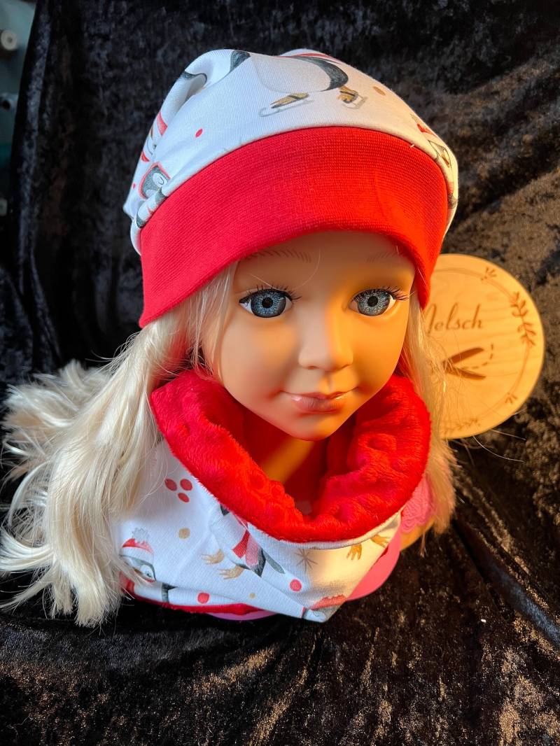 Beanie Kinder Baby Kleinkinder Pinguine Rot Weiß Mit Passendem Loop/Buff Herbst Winter Übergangs Set Mützen Handmade Unikat von Melsch16