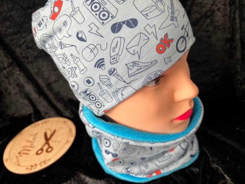 Beanie Kinder Baby Kleinkinder Wendemütze Blau Mit Passendem Loop/Buff Herbst Winter Übergangs Set Mützen Cool Handmade Unikat von Melsch16