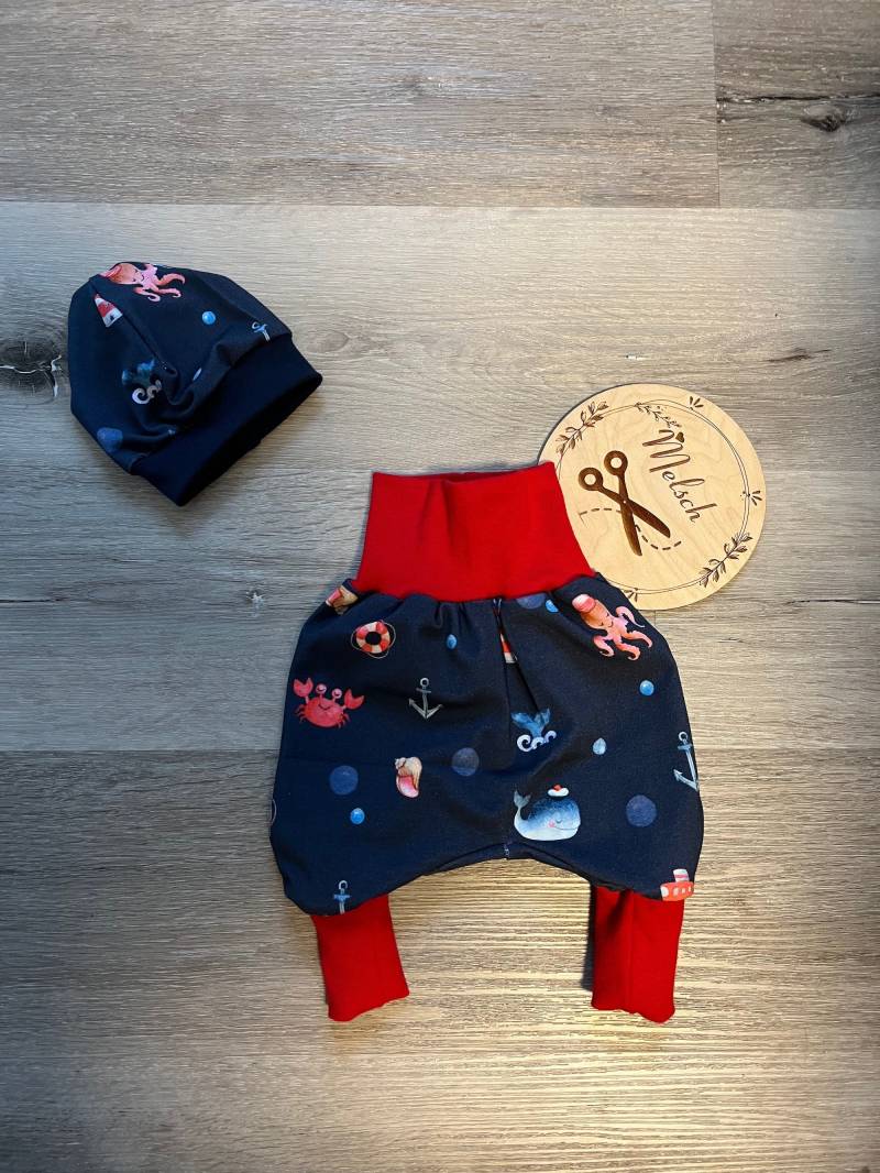 Pumphose Babyhose Hose Baby Kind Junge Mädchen Maritim Anker Gr. 50/62 Und 74 80 Set Mit Beanie Mütze Ku 45/47 37 Handmade von Melsch16