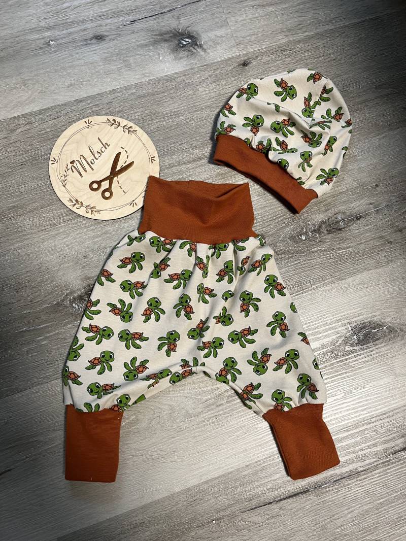 Pumphose Babyhose Hose Baby Kind Junge Mädchen Schildkröte Tiere Gr. 62/68 Set Mit Beanie Mütze Ku 44 Handmade von Melsch16