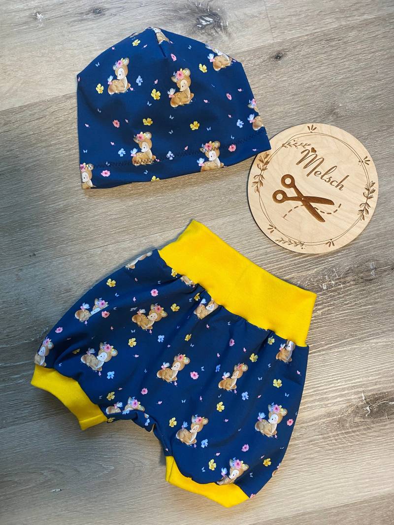 Pumphose Kurz Sommer Babyhose Hose Baby Kind Junge Mädchen Blau Gelb Rehe Tiere Reh Gr. 80/92 Set Mit Beanie Mütze Ku45 Handmade von Melsch16