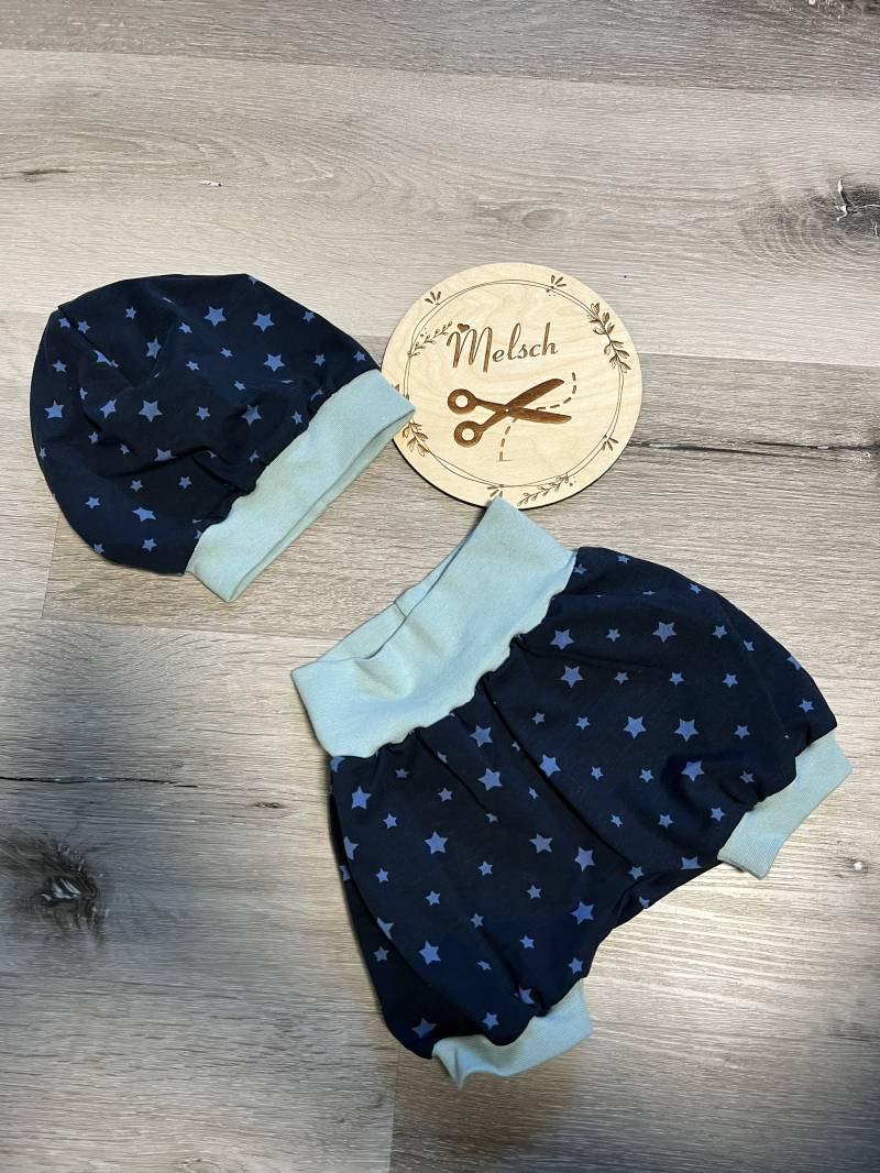 Pumphose Kurz Sommer Babyhose Hose Baby Kind Junge Mädchen Blau Mint Sterne Neutral Tiere Gr. 68/74 Set Mit Beanie Mütze Handmade von Melsch16