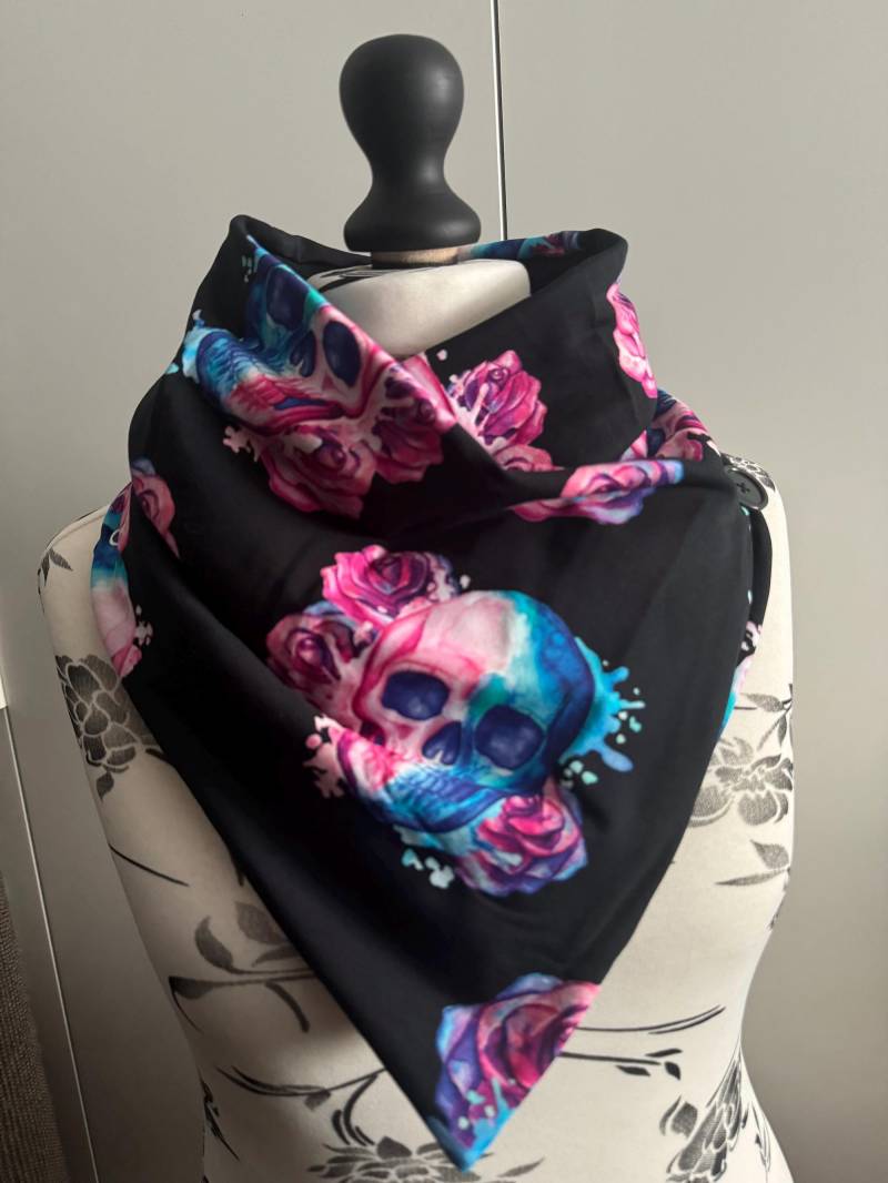Tuch Wickelschal Dreieckstuch Damen Knopfschal Skull Herbst Winter Halstuch Schal Totenkopf Rockabilly von Melsch16