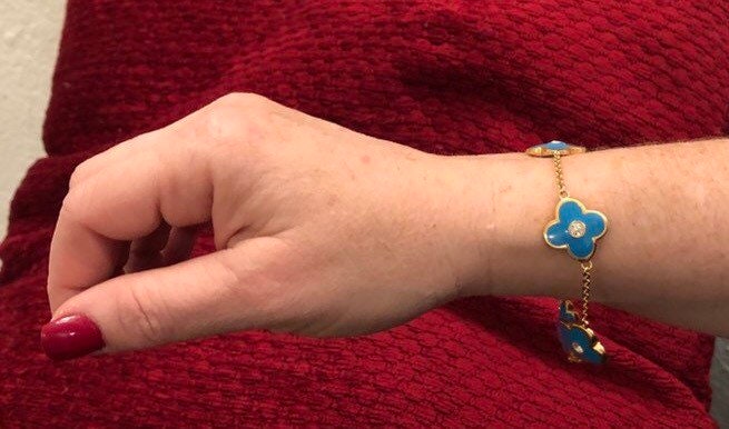 Lauren G Adams Vintage Signierte Goldkette Und Türkis Emaille Daisy Love Mit Cz's Armband 8 3/4 Zoll Lang von Melsretrospot