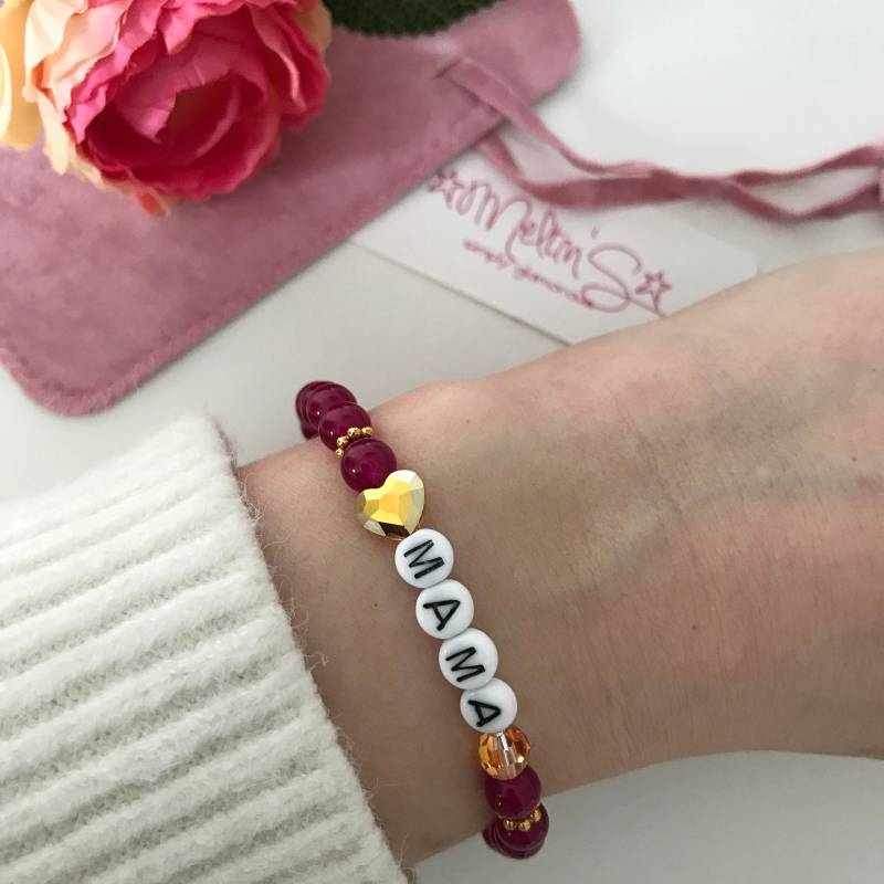 Mama - Tolles Geschenk, Namensarmband Aus Jade, Buchstabenperlen Glas, Swarovski & 925 Sterlingsilber Vergoldet, Personalisiert von MeltinS
