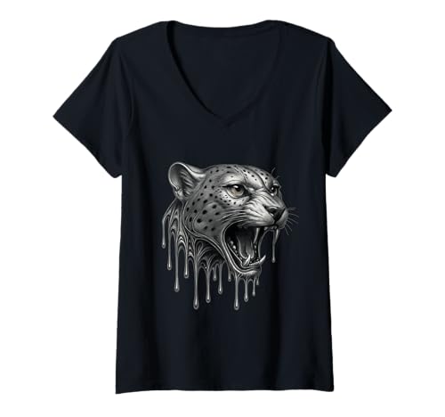 Damen Melting Cheetah Dripping Tattoo Fierce Cat Animal Graphic T-Shirt mit V-Ausschnitt von Melting Animals Urban Streetwear Clothing