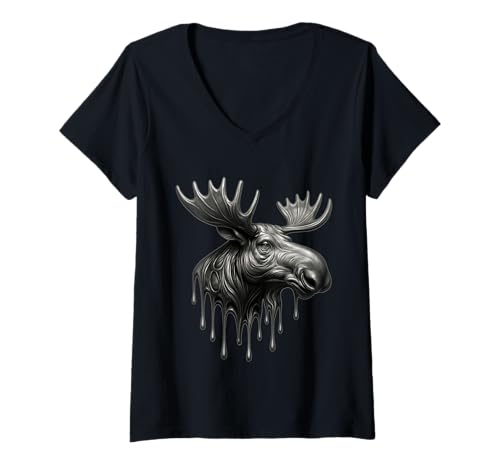 Damen Melting Elch Dripping Tattoo Artwork Animal Graphic T-Shirt mit V-Ausschnitt von Melting Animals Urban Streetwear Clothing