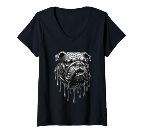 Damen Tropfende Britische Bulldog Schmelzen Tattoo mit Tiermotiv T-Shirt mit V-Ausschnitt von Melting Animals Urban Streetwear Clothing