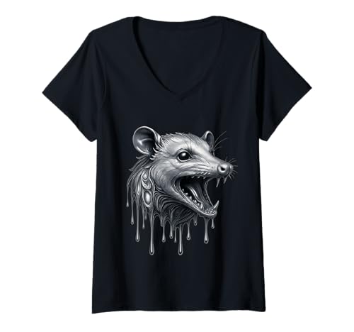 Damen Opossum schmelzendes Opossum tropfendes Tattoo Kunstwerk heftiges Tier T-Shirt mit V-Ausschnitt von Melting Animals Urban Streetwear Clothing