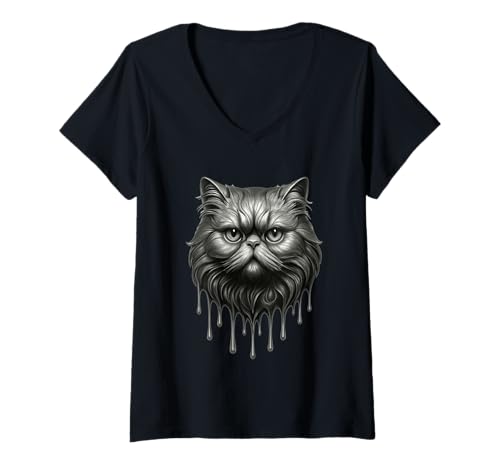 Damen Schmelzende persische Katze, tropfende Tattoo-Kunstwerk, Katze, Tier T-Shirt mit V-Ausschnitt Damen Schmelzende persische Katze, tropfende Tattoo-Kunstwerk, Katze, Tier T-Shirt mit V-Ausschnitt von Melting Animals Urban Streetwear Clothing