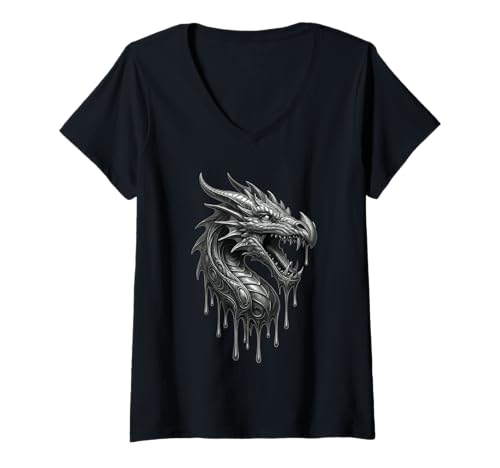 Damen Schmelzender Drache tropfender Tattoo-Kunstwerk Mythische Kreatur T-Shirt mit V-Ausschnitt Damen Schmelzender Drache tropfender Tattoo-Kunstwerk Mythische Kreatur T-Shirt mit V-Ausschnitt von Melting Animals Urban Streetwear Clothing