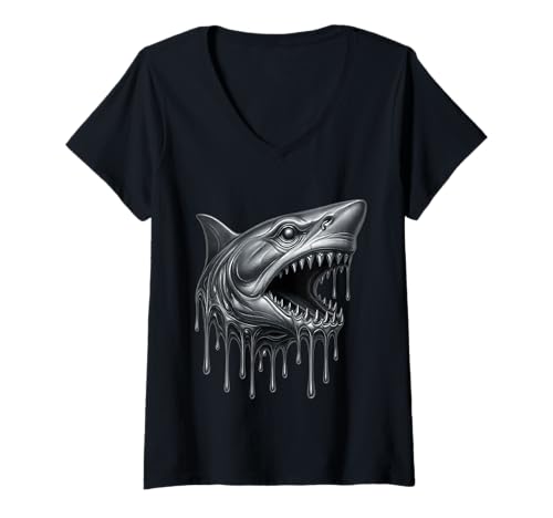Damen Schmelzender Hai, tropfender Tattoo-Kunstwerk, Meerestier-Grafik T-Shirt mit V-Ausschnitt Damen Schmelzender Hai, tropfender Tattoo-Kunstwerk, Meerestier-Grafik T-Shirt mit V-Ausschnitt von Melting Animals Urban Streetwear Clothing
