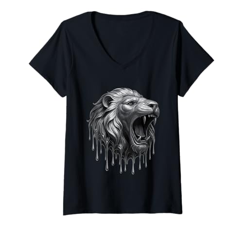 Damen Schmelzender Löwe tropfender Tattoo-Kunstwerk Wilde Tiergrafik T-Shirt mit V-Ausschnitt von Melting Animals Urban Streetwear Clothing