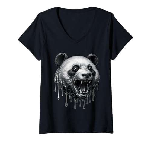 Damen Schmelzender Panda tropfender Tattoo-Kunstwerk Wilder Bär Grafik T-Shirt mit V-Ausschnitt Damen Schmelzender Panda tropfender Tattoo-Kunstwerk Wilder Bär Grafik T-Shirt mit V-Ausschnitt von Melting Animals Urban Streetwear Clothing