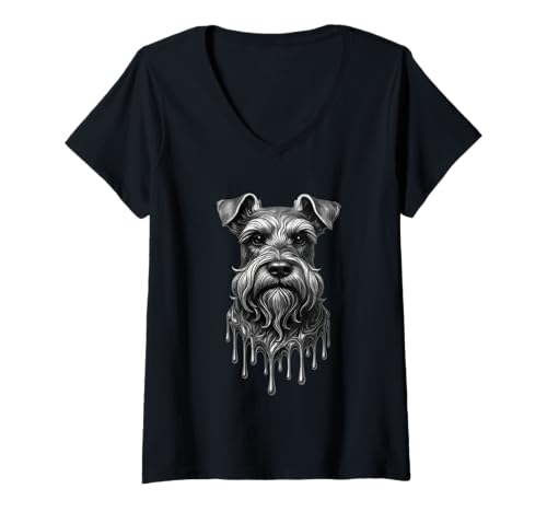 Damen Schmelzender Schnauzer tropfender Tattoo-Kunstwerk Tiergrafik T-Shirt mit V-Ausschnitt von Melting Animals Urban Streetwear Clothing