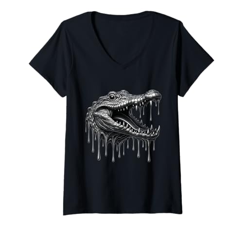 Damen Schmelzendes Krokodil tropfendes Tattoo Wilde Tiergrafik T-Shirt mit V-Ausschnitt Damen Schmelzendes Krokodil tropfendes Tattoo Wilde Tiergrafik T-Shirt mit V-Ausschnitt von Melting Animals Urban Streetwear Clothing